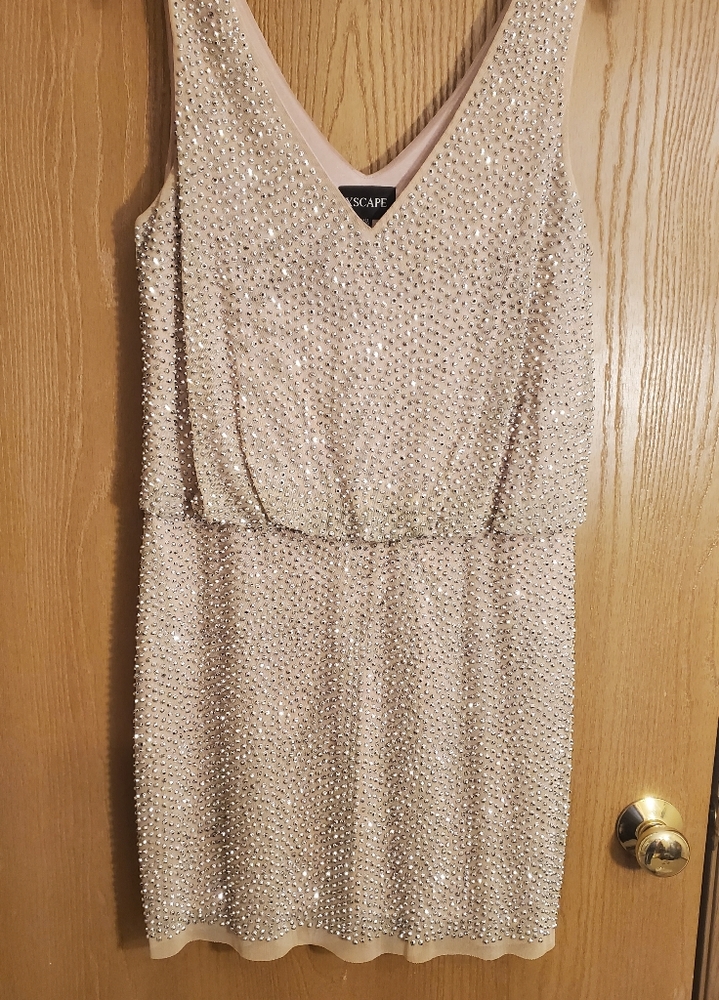 XSCAPE Crystal Studed V Neck Dress